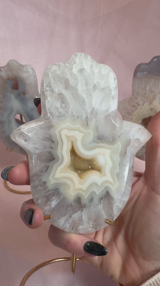 Agate Druzy Hamsa on Stand